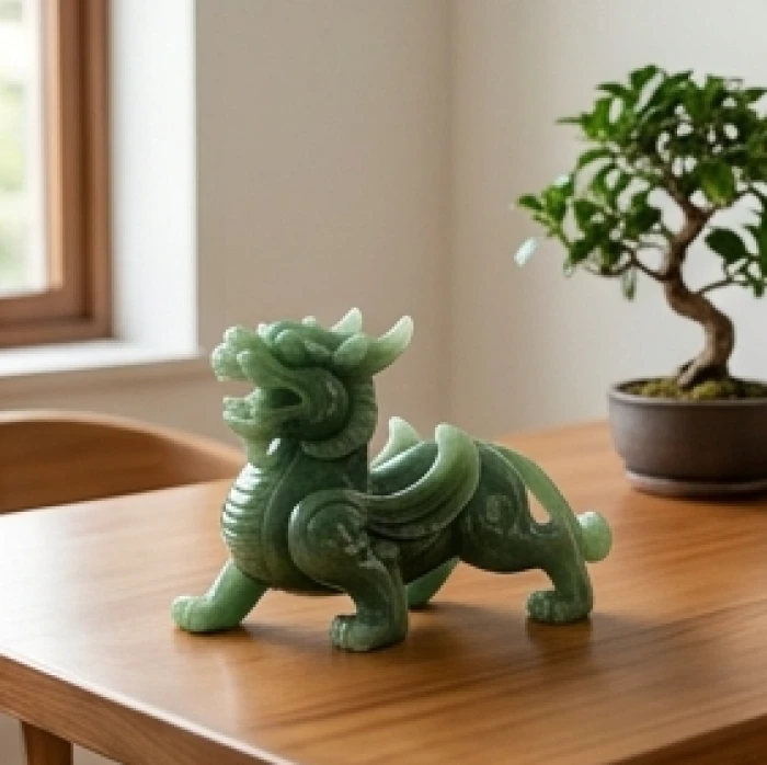 Tượng Tỳ Hưu chạm khắc từ ngọc bích tự nhiên màu xanh lá dịu mắt đặt cạnh chậu cây xanh nhỏ trên bàn làm việc