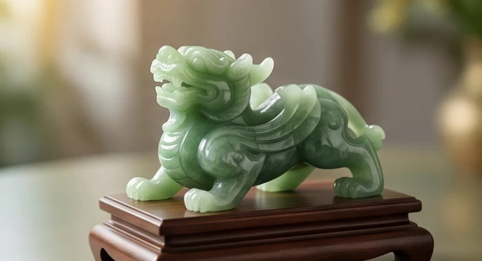 Tỳ hưu ngọc bích màu xanh lá chạm khắc tinh xảo phù hợp với người mệnh mộc để kích hoạt năng lượng