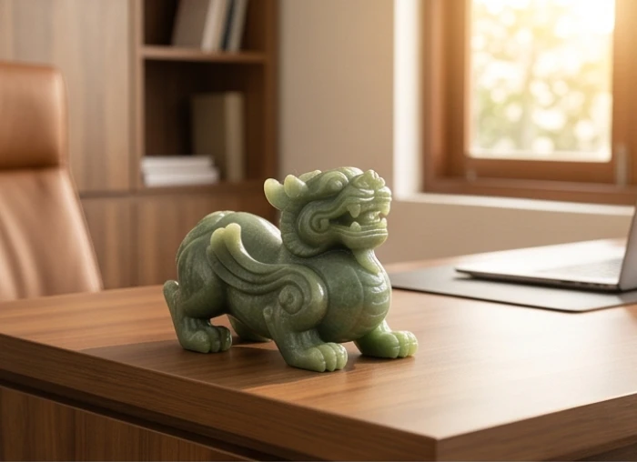 Tượng linh vật tỳ hưu chiêu tài bằng ngọc xanh tự nhiên đặt trên bàn làm việc của người tuổi Mão
