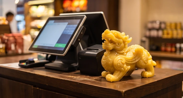 Tượng linh vật Tỳ Hưu bằng đá ngọc hoàng long được đặt trang trọng ngay cạnh máy tính tiền