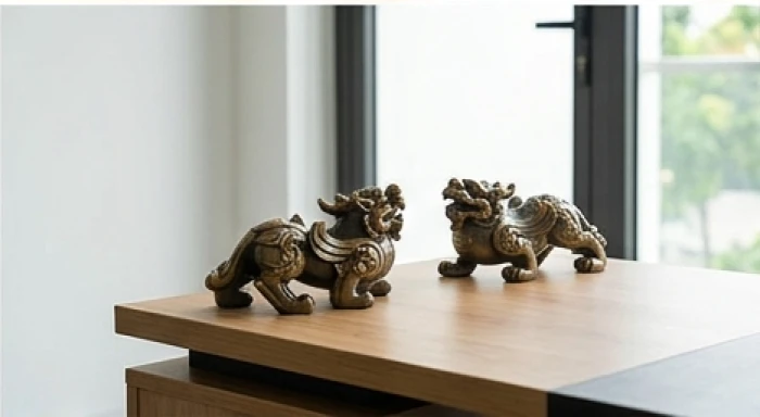 Cặp Tỳ hưu đặt nửa bên trái mặt bàn hướng ra cửa sổ bổ trợ cho hướng bàn làm việc hợp tuổi thìn chiêu tài