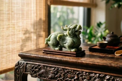 Tượng tỳ hưu phong thủy tuổi dần đặt trên bàn trà gỗ truyền thống Việt Nam giúp chiêu tài