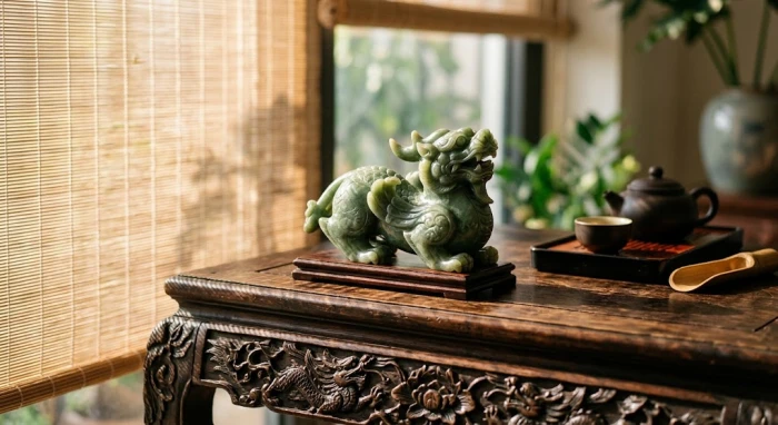 Tượng tỳ hưu phong thủy tuổi dần đặt trên bàn trà gỗ truyền thống Việt Nam giúp chiêu tài