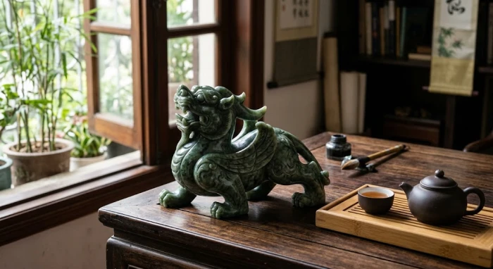 Tượng tỳ hưu phong thủy tuổi dậu bằng đá tự nhiên đặt trên bàn làm việc giúp chiêu tài lộc
