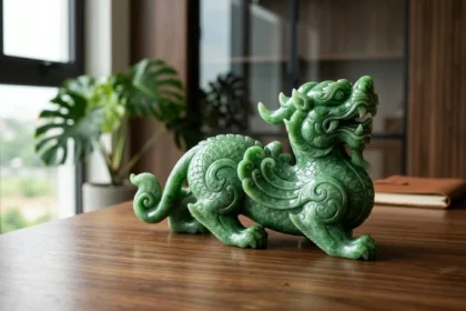 Tượng tỳ hưu phong thủy tuổi hợi bằng đá tự nhiên đặt trên bàn làm việc giúp chiêu tài lộc