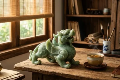 Tượng tỳ hưu phong thủy tuổi mão bằng đá ngọc tự nhiên đặt trên bàn làm việc gỗ truyền thống