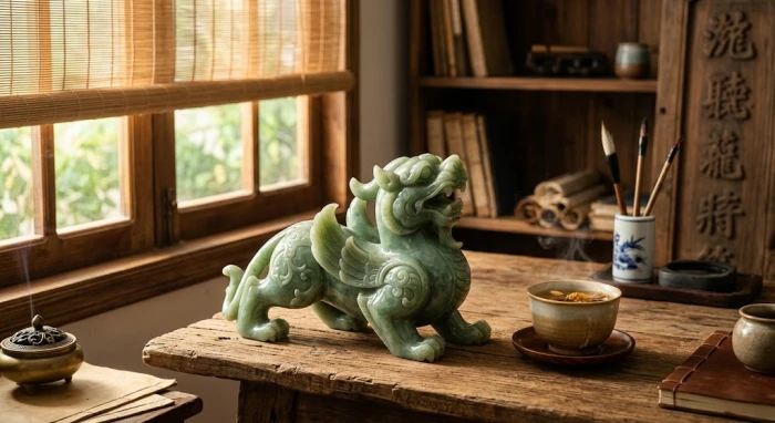 Tượng tỳ hưu phong thủy tuổi mão bằng đá ngọc tự nhiên đặt trên bàn làm việc gỗ truyền thống