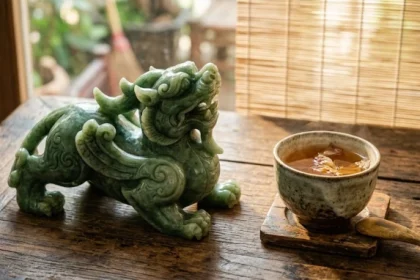 Tượng tỳ hưu phong thủy tuổi mùi bằng ngọc bích đặt trên bàn làm việc gỗ