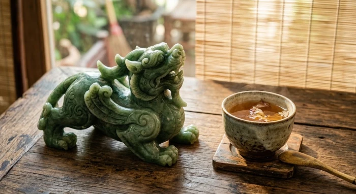 Tượng tỳ hưu phong thủy tuổi mùi bằng ngọc bích đặt trên bàn làm việc gỗ