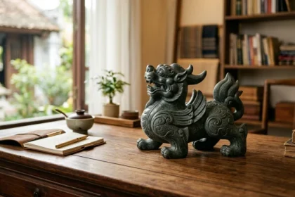 Tượng tỳ hưu phong thủy tuổi ngọ bằng đá tự nhiên đặt trên bàn làm việc giúp thu hút tài lộc