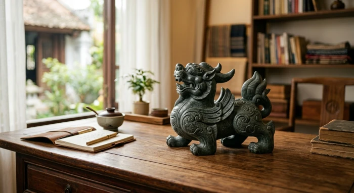 Tượng tỳ hưu phong thủy tuổi ngọ bằng đá tự nhiên đặt trên bàn làm việc giúp thu hút tài lộc