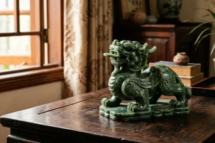 Tượng tỳ hưu phong thủy tuổi sửu bằng đá tự nhiên đặt trên bàn làm việc sang trọng