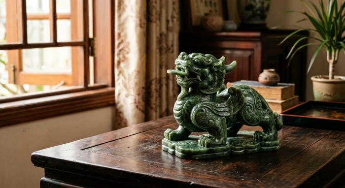 Tượng tỳ hưu phong thủy tuổi sửu bằng đá tự nhiên đặt trên bàn làm việc sang trọng