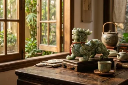 Tượng đá tỳ hưu phong thủy tuổi thân màu xanh ngọc bích đặt trên bàn làm việc giúp chiêu tài lộc