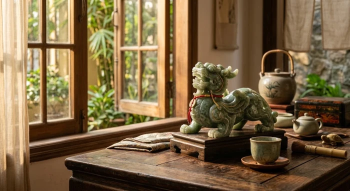 Tượng đá tỳ hưu phong thủy tuổi thân màu xanh ngọc bích đặt trên bàn làm việc giúp chiêu tài lộc