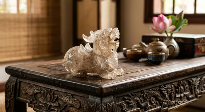 Linh vật tỳ hưu phong thủy tuổi thìn bằng thạch anh tự nhiên đặt trên bàn trà truyền thống