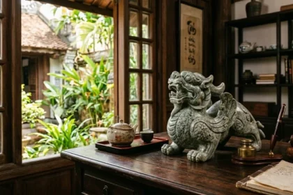 Tượng tỳ hưu phong thủy tuổi tý bằng đá thạch anh tự nhiên đặt trên bàn làm việc gỗ