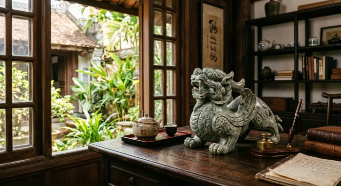 Tượng tỳ hưu phong thủy tuổi tý bằng đá thạch anh tự nhiên đặt trên bàn làm việc gỗ