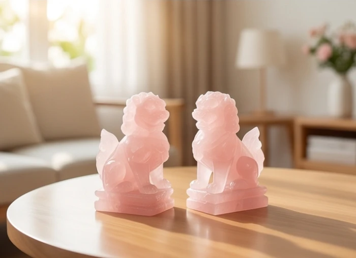 Cặp linh vật tỳ hưu bằng đá thạch anh hồng đặt trang trọng trên bàn phòng khách để hóa giải sát khí bản mệnh