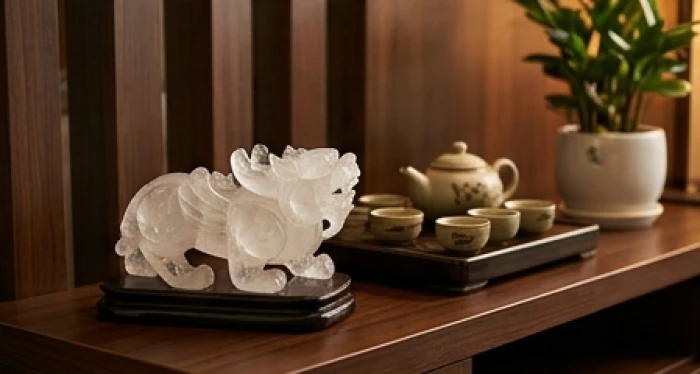 Tượng Tỳ Hưu thạch anh đặt trên kệ trang trí phòng khách hỗ trợ hóa giải sát khí cho gia chủ tuổi Tuất