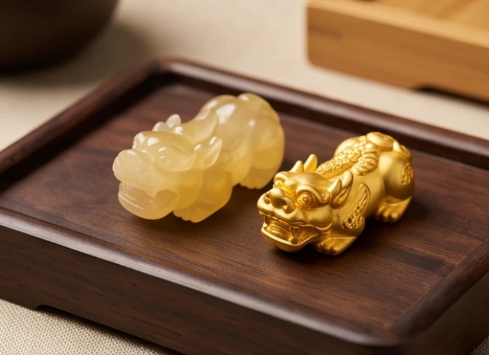 Tỳ hưu đá thạch anh tự nhiên bên cạnh tỳ hưu vàng bọng nguyên khối trên đĩa gỗ sang trọng