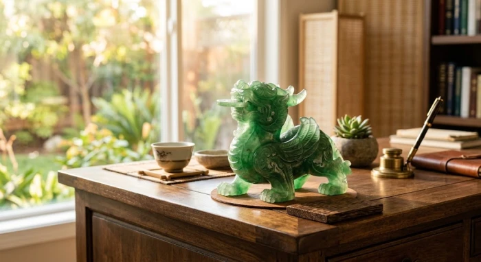 Tượng Tỳ Hưu tạc từ đá thạch anh xanh lá đặt ở góc Đông Nam bàn làm việc hướng ra ngoài đón cát khí