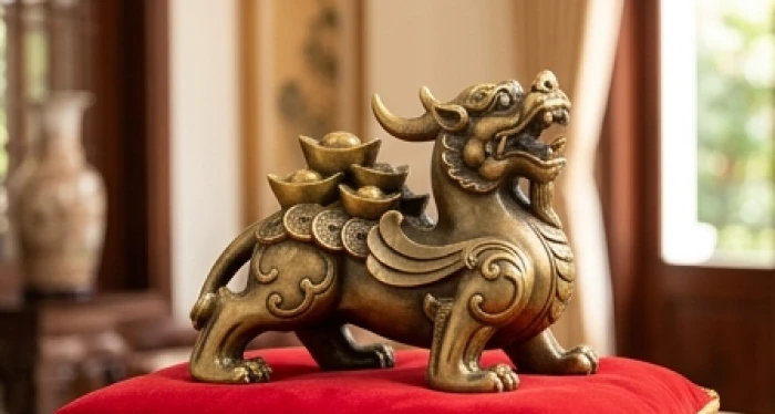 Tượng tỳ hưu Thiên Lộc hai sừng cõng thỏi vàng mang ý nghĩa chiêu tài mạnh mẽ cho người kinh doanh