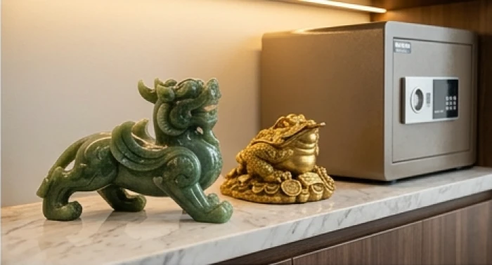 Tượng tỳ hưu đá cẩm thạch xanh và thiềm thừ ngậm đồng tiền vàng bài trí uy nghiêm bên cạnh két sắt gia đình