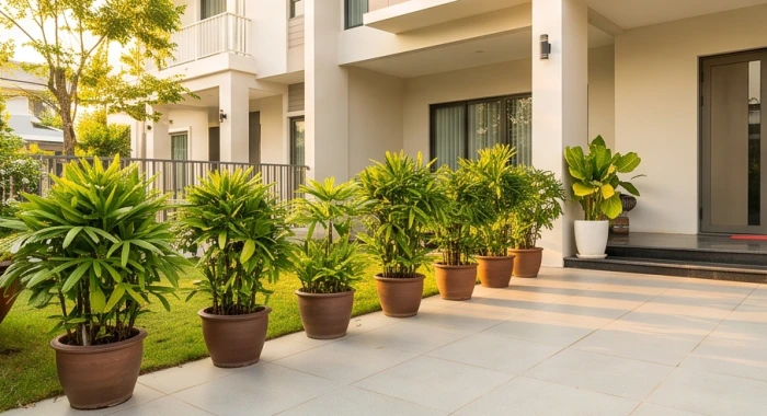 Các chậu cây cảnh có tỷ lệ kích thước cân đối đặt dọc theo lối đi dẫn vào tiền sảnh thông thoáng