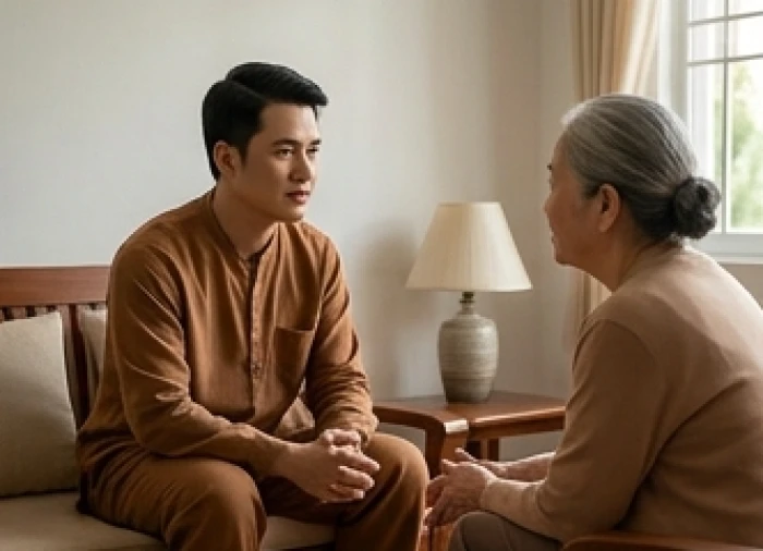 Con cháu mặc trang phục màu nâu đất chăm chú lắng nghe chia sẻ của người lớn tuổi trong gia đình