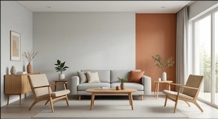 Phòng khách hiện đại với mảng tường nền xám nhạt và điểm nhấn màu cam ấm áp