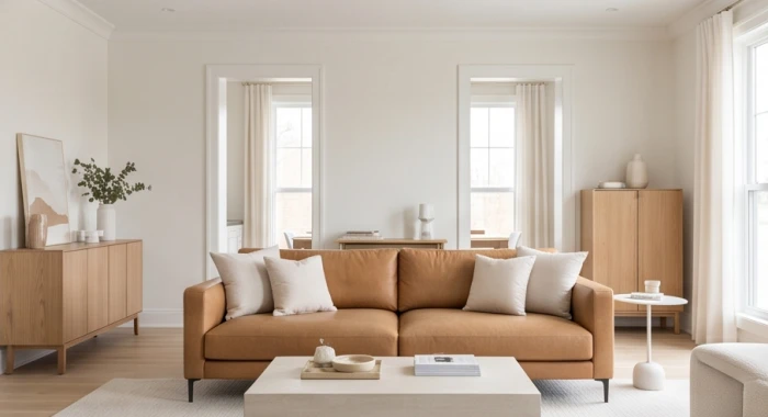 Phòng khách ứng dụng quy tắc 60 30 10 với tường trắng sứ cùng sofa da màu nâu cát cho gia chủ tuổi Ất Sửu