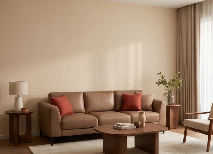 Phòng khách bố trí theo tỷ lệ 60 phần trăm tường be 30 phần trăm sofa nâu và 10 phần trăm gối tựa đỏ