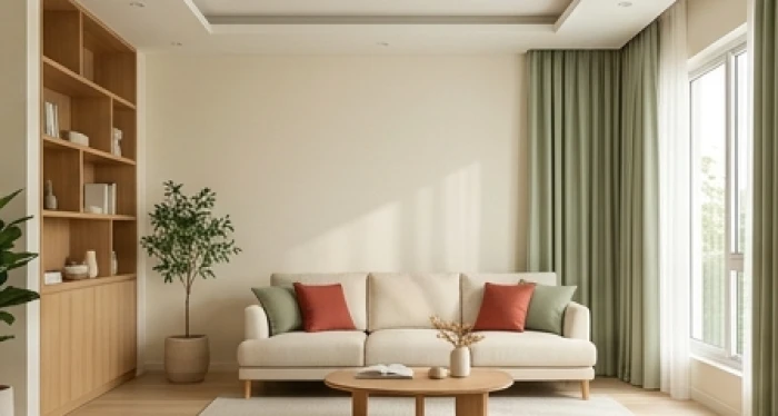 Phòng khách chuẩn tỷ lệ 60 30 10 giữa tường trắng ngà rèm xanh và gối đỏ cho tuổi 1949