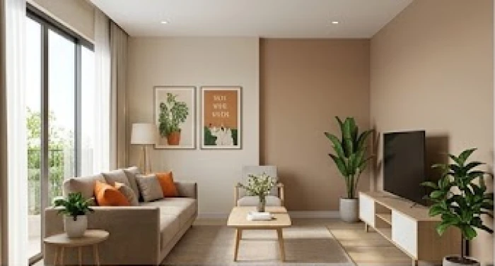 Không gian phòng khách hiện đại tuân thủ quy tắc phối màu sơn nhà hợp tuổi mùi với mảng tường trung tính làm nền