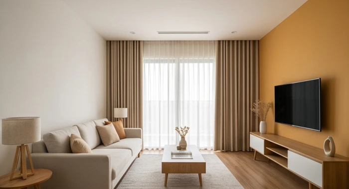 Phòng khách hiện đại ứng dụng tỷ lệ vàng 60-30-10 với sơn nền sáng màu cùng rèm cửa và mảng nhấn tinh tế