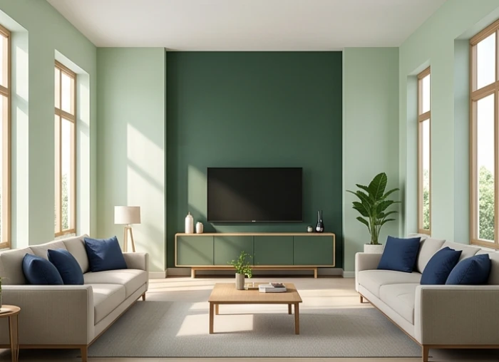 Phòng khách phối tường màu xanh lá pastel cùng bức tường sau tivi màu xanh lục đậm và gối sofa màu xanh navy