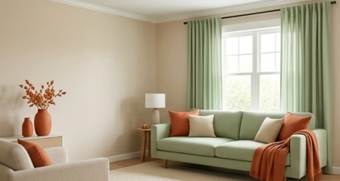 Không gian phòng khách rộng rãi áp dụng chuẩn công thức phối màu ngũ hành với tường be và sofa xanh lá nhạt