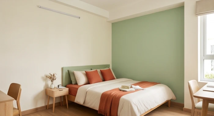 Phòng ngủ học sinh phối màu tường kem nhạt cùng mảng đầu giường xanh lá và chăn ga gối cam đất