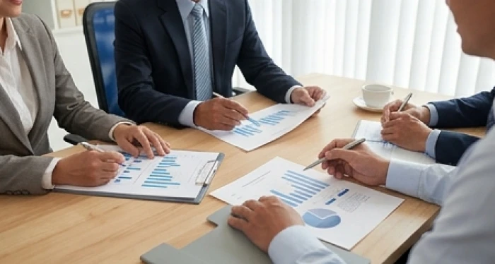 Nhóm đối tác thảo luận kế hoạch tài chính và phân chia vốn đầu tư trên bàn hội nghị sang trọng