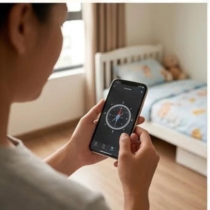 Bàn tay đang cầm điện thoại thông minh mở ứng dụng la bàn để kiểm tra hướng của một chiếc giường ngủ