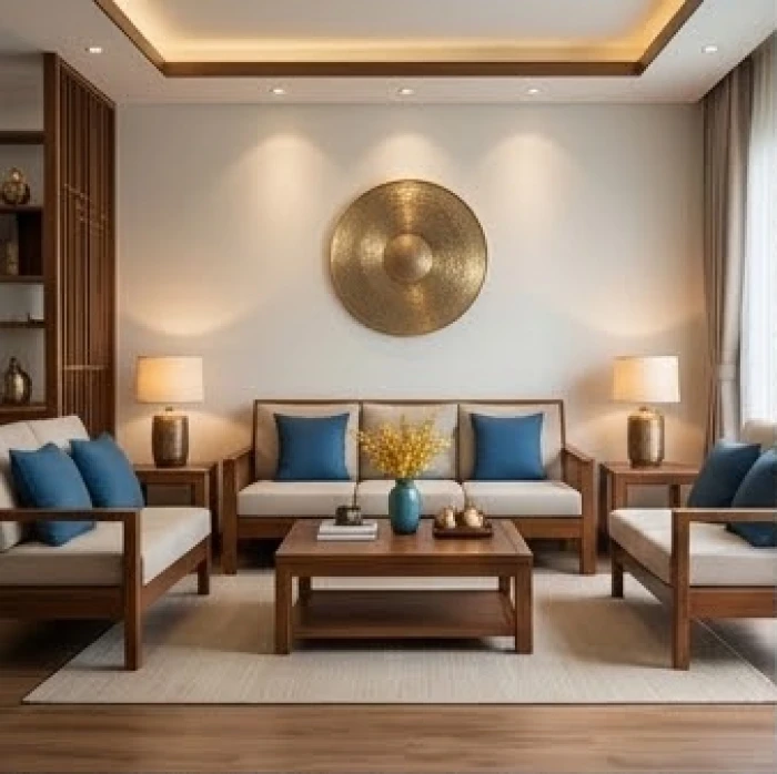 Không gian phòng khách ứng dụng quy luật ngũ hành với sự phối hợp màu sắc tinh tế giữa các vật dụng nội thất