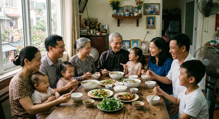 Đại gia đình ba thế hệ quây quần vui vẻ bên mâm cơm ấm cúng thể hiện sự kính trọng người lớn tuổi