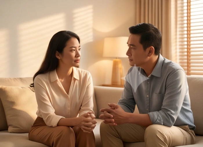 Cặp đôi chia sẻ và lắng nghe bình tĩnh sau thời gian tĩnh tâm để thấu hiểu nội tâm