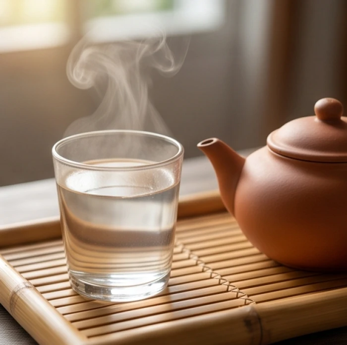 Một ly nước lọc ấm đang bốc hơi nhẹ được đặt cạnh ấm pha trà bằng đất nung trên khay tre