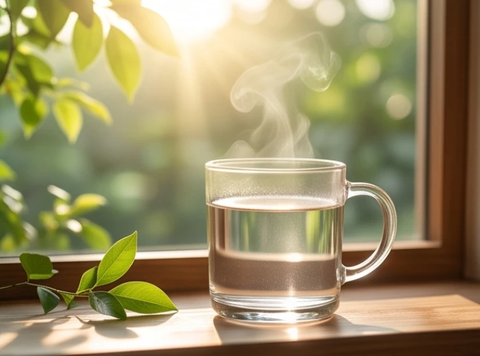 Cốc nước ấm bốc khói nhẹ đặt cạnh cửa sổ đầy ánh nắng buổi sáng sớm