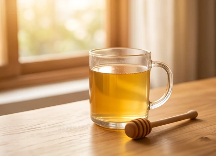 Cốc nước ấm pha mật ong tươi đặt cạnh cửa sổ ngập tràn ánh sáng nắng mai dịu nhẹ