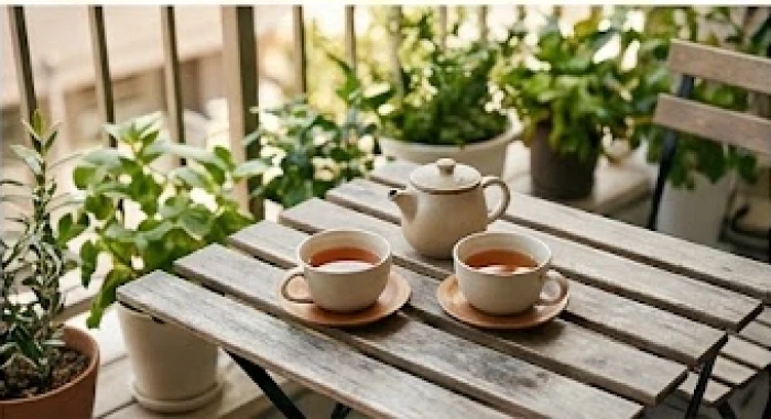 Hai ly trà nóng đặt trên bàn ban công trong một buổi chiều cuối tuần bình yên