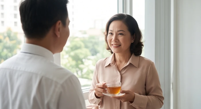 Người quản lý tuổi Tân Hợi kiên nhẫn lắng nghe và chia sẻ chân thành cùng đồng nghiệp tại không gian làm việc