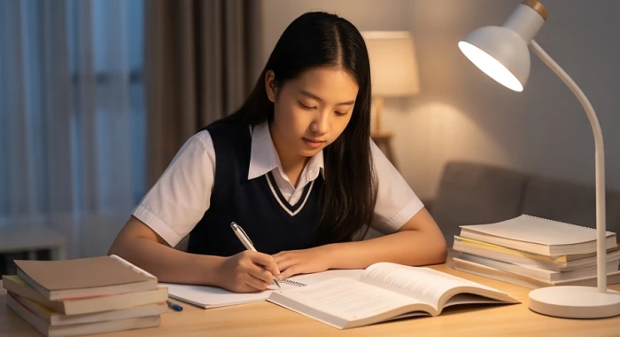 Học sinh tuổi kỷ sửu 2009 chăm chỉ tự học bài buổi tối bên bàn học gọn gàng
